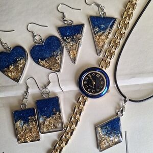 Handmade Blue and Gold Jewelry Set by Shabazz Collection W/ Blue And Gold Watch
